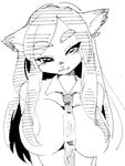  1boshi animal_ears anthro big_breasts breasts canine clothed clothing female fox fur hair japanese kemono mammal monochrome plain_background smile solo tagme 