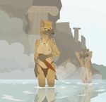  amber_eyes bathing breasts butt clothed clothing dagger duo female grin hair half-dressed hot_spring hyena loincloth mammal necklace nipples nude phlegraofmystery standing topless water weapon 