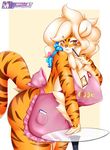  2015 amber_eyes anthro apron big_breasts big_butt blonde_hair blue_hair bow breasts brown_fur butt claws cleavage clothed clothing english_text feline female fur glass hair huge_breasts invalid_tag long_hair looking_at_viewer mammal mleonheart orange_fur pen pink_nose side_boob skimpy smile solo stripes table text thick_thighs tiger voluptuous 