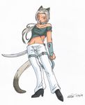  belly cat clothed clothing feline female fur human invalid_tag koshkio looking_at_viewer mammal reina siamese solo sword weapon 