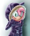  amy_rose anthro black_nose clothing coat female gloves green_eyes hair happy hedgehog mammal open_mouth pink_hair plain_background short_hair signature solo sonic_(series) unknown_artist video_games 