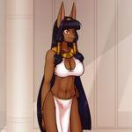  2015 anthro black_nose bracelet breasts brown_fur canine cleavage clothed clothing egyptian female fur hair jackal jewelry long_hair mammal navel necklace purple_hair red_eyes scorpdk smile solo standing 