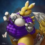  2015 big_breasts blue_eyes breasts canine clothing digimon female huge_breasts male male/female mammal nipples renamon size_difference standing sweater teaselbone tongue wolf 