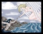  angel blonde_hair clothed clothing couple dress feathers female fin forbidden hair half-dressed invalid_tag koshkio long_hair lovers male merman pair reaching rock scales scalie sea sitting topless water wings 
