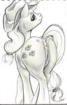  anatomically_correct anatomically_correct_anus anatomically_correct_pussy anus applejack_(mlp) caboni32 clitoris cutie_mark equine female friendship_is_magic half-closed_eyes hat horse looking_at_viewer looking_back mammal monochrome my_little_pony plain_background pony pussy seductive smile solo white_background 