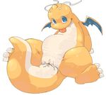  aliasing animal_genitalia blue_eyes blush chubby cloaca dragonite female feral looking_at_viewer lying nintendo noriburu on_back plain_background pok&eacute;mon pussy_juice solo tongue tongue_out video_games white_background wide_hips wings 