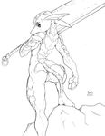  2004 amazon_(polar) anthro anus armadillo black_and_white ear_piercing female jeremy_mullins mammal monochrome nude piercing plain_background pussy solo sword weapon white_background 