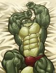  2015 abs anthro bed biceps big_muscles bulge clothed clothing crocodile half-dressed invalid_tag looking_at_viewer male mammal muscles pecs plain_white reptile scalie speedo swimsuit teeth toned topless underwear yellow_eyes 