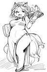  beverage book breasts canine carrying chinese_clothing clothed clothing fangs female fox fur hair kemono long_hair mammal monochrome open_mouth plain_background setouchi_kurage solo tea teeth waiter white_background 