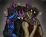  &lt;3 2010 anthro black_scales blue_eyes blue_scales brown_hair brown_scales claws clothed clothing dragon eyes_closed eyewear fishnet goggles grey_background group hair horn hug kalnareff kalnareff_(character) long_hair male plain_background purple_hair purple_scales scalie shirt slit_pupils smile taghyrt teeth tongue tongue_out toorak white_scales wings 