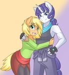  2015 anthro anthrofied applejack_(mlp) blonde_hair blue_eyes clothed clothing duo earth_pony equine female fingerless_gloves freckles friendship_is_magic gloves green_eyes hair horn horse jonfawkes looking_at_viewer mammal my_little_pony plain_background pony purple_hair rarity_(mlp) smile unicorn 