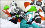  2015 accelo anthro balls blush butt cat clothing feline fluffy_tail kieran legwear leopard male male/male mammal open_mouth panties red_panda snow_leopard spots stockings underwear 