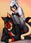  anthro ass_to_ass assassin&#039;s_creed biting_lip blue_eyes canine clothed clothing duo excited feline fur game_controller hoodie jeans male mammal open_mouth pants smile tartii teeth tongue video_games 