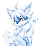  2015 ambiguous_gender anthro blue_fur canine clothing fur glass hair half-closed_eyes ice looking_at_viewer mammal plain_background shirt slit_pupils solo tailzkim white_background white_fur white_hair wolf yellow_eyes 