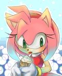  amy_rose anthro black_nose clothing female food gloves green_eyes hair headband hedgehog ice_cream licking mammal pink_hair short_hair solo sonic_(series) tongue tongue_out unknown_artist video_games 