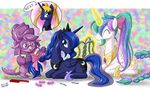  2015 blue_eyes bobby_pin bow braided_hair braided_ponytail comb cutie_mark equine eyeshadow eyewear friendship_is_magic glasses glowing hair horn levitation lying magic makeup mammal my_little_pony necklace ponytail princess_celestia_(mlp) princess_luna_(mlp) purple_eyes sparkles uotapo winged_unicorn wings 