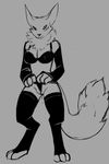  anthro armwear black_and_white bra canine cleavage clothed clothing digimon dripping female fluffy_tail fox front_view legwear looking_at_viewer mammal monochrome myheartpumpspiss pussy_juice renamon solo standing underwear wedgie 