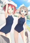  2girls blue_eyes blue_sky blue_swimsuit blush breasts brown_hair chain-link_fence cloud cloudy_sky competition_swimsuit day fence green_eyes grey_hair highres kurosawa_ruby looking_at_viewer love_live! love_live!_sunshine!! multiple_girls one-piece_swimsuit one_eye_closed open_mouth outdoors pool pool_ladder poolside red_hair salute school_swimsuit shirt shirt_pull short_hair skirt skirt_removed sky small_breasts smile swimsuit tsubure_manjuu two_side_up undressing watanabe_you water 