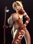  2015 3d anthro areola big_breasts blonde_hair blue_eyes breasts clothing female hair hand_on_hip haukena huge_breasts loincloth looking_at_viewer looking_down low-angle_shot mammal markings mustelid navel otter polearm smile solo staff straps tribal under_boob vest vulpesco weapon wide_hips 