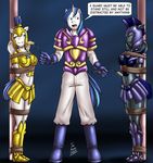  2015 anthro anthrofied armor bat_pony bdsm blue_eyes blush bondage bound dakuroihoshi dialogue english_text equine female friendship_is_magic galea helmet horn male mammal my_little_pony pegasus pole rope rope_bondage royal_guard_(mlp) shining_armor_(mlp) tears text tickling unicorn wings 