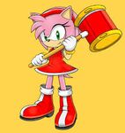  2015 amy_rose clothed clothing female fur green_eyes hair hammer hedgehog looking_at_viewer mammal pink_hair plain_background smile solo sonic_(series) tools video_games weapon yellow_background 