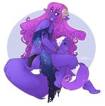  2015 absurd_res anthro blue_eyes blush bracelet breasts canine claws cleavage clothed clothing female flower fox fur hair hi_res hindpaw jewelry lips long_hair looking_away mammal paws pink_hair plant purple_fur purple_lips shirt skirtzzz smile solo 