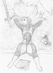  anthro armor barefoot bed butt canine clothing dog female hair husky kneeling long_hair looking_at_viewer looking_back mammal monochrome norithics on_bed pillow plain_background presenting presenting_hindquarters sketch solo sword weapon white_background zeroelle_nei 