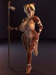  2015 3d 5_toes anthro barefoot big_breasts blonde_hair blue_eyes breasts clothing female front_view hair hand_on_hip haukena huge_breasts loincloth mammal markings mustelid navel otter plain_background plantigrade polearm solo staff straps toes tribal vest vulpesco weapon wide_hips 