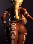  2015 3d anthro big_breasts big_butt blonde_hair breasts butt close-up clothing female hair haukena huge_breasts low-angle_shot mammal markings mustelid otter polearm rear_view solo staff straps tribal under_boob vest vulpesco weapon wide_hips 