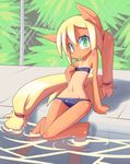  anthro anthrofied applejack_(mlp) bikini blonde_hair blush clothed clothing equine female friendship_is_magic fur green_eyes hair horse looking_at_viewer mammal mustang-blaze my_little_pony navel orange_fur outside pony pool sitting skimpy solo swimsuit tan_line wide_hips 