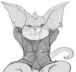  arms_behind_head big_ears bottomless chua clothed clothing cum cum_covered cum_on_clothes cum_on_face ear_piercing excessive_cum front_view half-dressed jacket jerseydevil looking_at_viewer male messy piercing reclining shirt sitting smirk solo spread_legs spreading wildstar 