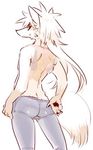  1boshi anthro canine clothed clothing fox fur half-dressed japanese kemono male mammal plain_background rear_view solo tattoo topless white_background 