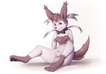  anthro anthrofied balls barefoot bow_tie canine dreiker eeveelution looking_at_viewer male mammal nintendo pok&eacute;mon sheath signature sitting solo spread_legs spreading sylveon video_games 