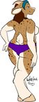  2015 anthro blue_eyes blue_hair breasts brown_hair caprine clothed clothing female fur goat hair half-dressed hooves horn mammal oli_snowpaw panties plain_background pussy rear_view solo spots standing topless underwear willifred 
