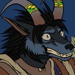  2015 anthro armor black_hair black_nose blue_background blue_fur canine clothed clothing curved_horns female fur green_eyes grey_fur grin hair horn horn_ring mammal paralee_(character) plain_background pointy_ears ratte solo teeth video_games warcraft were werewolf wide_eyed worgen world_of_warcraft 
