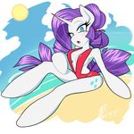  anthro anthrofied beach blue_eyes blue_hair clothed clothing cutie_mark equine friendship_is_magic fur hair half-closed_eyes horn horse looking_at_viewer mammal mustang-blaze my_little_pony open_mouth outside pony rarity_(mlp) seaside skimpy swimsuit tongue white_fur 