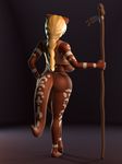  2015 3d anthro big_breasts big_butt blonde_hair breasts butt clothing female hair haukena huge_breasts mammal markings mustelid otter plantigrade polearm ponytail pussy rear_view solo staff straps tribal under_boob vest vulpesco weapon wide_hips 