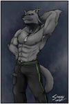 abs anthro armpit_hair armpits blue_eyes body_hair canine chest_hair clothed clothing ear_piercing fur grey_fur half-dressed looking_at_viewer male mammal muscles ninjatertel nipples pecs piercing sabre smile standing 