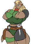  abs big_breasts blonde_hair blue_eyes braided_hair breasts broad_shoulders clothed clothing concept crossed_arms ein_(artist) female hair hild_(character) horn midriff muscles pouch tool_belt 