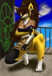  anthro blush breasts brown_hair canine clothed clothing dog female fur german_spitz hair half-dressed long_hair looking_at_viewer madlaine mammal mckraven nude pinup pose pussy smile solo white_fur yellow_fur 