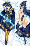  armor arrow ashe bed blue_eyes blush bow bow_(weapon) breasts butt cape clothed clothing female hair human league_of_legends legwear long_hair looking_at_viewer lying mammal nipples on_bed open_mouth pussy ranged_weapon solo unknown_artist video_games weapon 