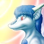  2010 anthro blue_hair blue_scales cloud dragon dragoshi hair horn kalnareff male nude outside red_eyes scalie side_view sky slit_pupils smile 