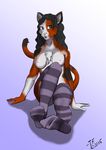  2015 anthro breasts calico_cat cat clothed clothing feline female hair half-dressed legwear lydia mammal sitting socks solo stockings thornefang topless 