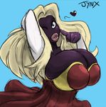  &lt;3 anthro big_breasts big_lips blonde_hair blue_eyes breasts carmessi collaboration dark_skin drbigt female hair hand_behind_head hand_on_face huge_breasts jynx lips long_hair looking_at_viewer nintendo one_eye_closed plain_background pok&eacute;mon pose solo video_games voluptuous wink 