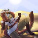  anthro breasts claws clothed clothing common_seodalis desert eyewear female fur goggles horn kievcat mammal nipples outside partially_clothed pussy seodalis sky solo 