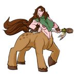  abs big_areolas big_breasts breasts brown_hair centaur ein_(artist) equine female fit fluffy_tail green_eyes hair hooves human mammal muscles polearm solo staff taur weapon wristband 