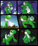  2015 3_toes blue_eyes blush comic dinosaur earth futonmania growth hindpaw mario_bros nintendo paws penis space text toes video_games yoshi 