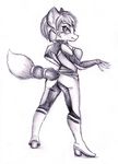  anthro belt black_nose bodysuit boots canine clothing female footwear fox gem hair hair_ornament jewelry krystal mammal monochrome nintendo plain_background shiroiwolf short_hair skinsuit solo star_fox video_games 