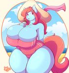  2015 anthro beach big_breasts blue_skin bracelet breasts cleavage clothed clothing cloud equine female hair hat horse huge_breasts jaeh jewelry long_hair looking_at_viewer mammal milkshake outside pony red_eyes red_hair ruby_blossom sand sea seaside sky solo standing swimsuit thick_thighs tight_clothing voluptuous water wide_hips 