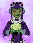  alien amphibian ben_10 blush clothing egg eyewear female freckles frog gloves goggles green_lips green_skin lips looking_at_viewer princess_attea red_eyes smile solo yellow_sclera 